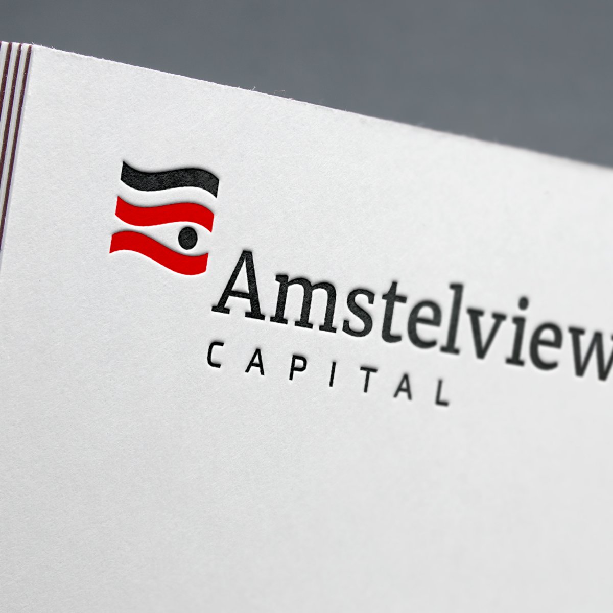 Amstelview Capital beeldmerk en woordmerk in rood en zwart op een witte kaart.