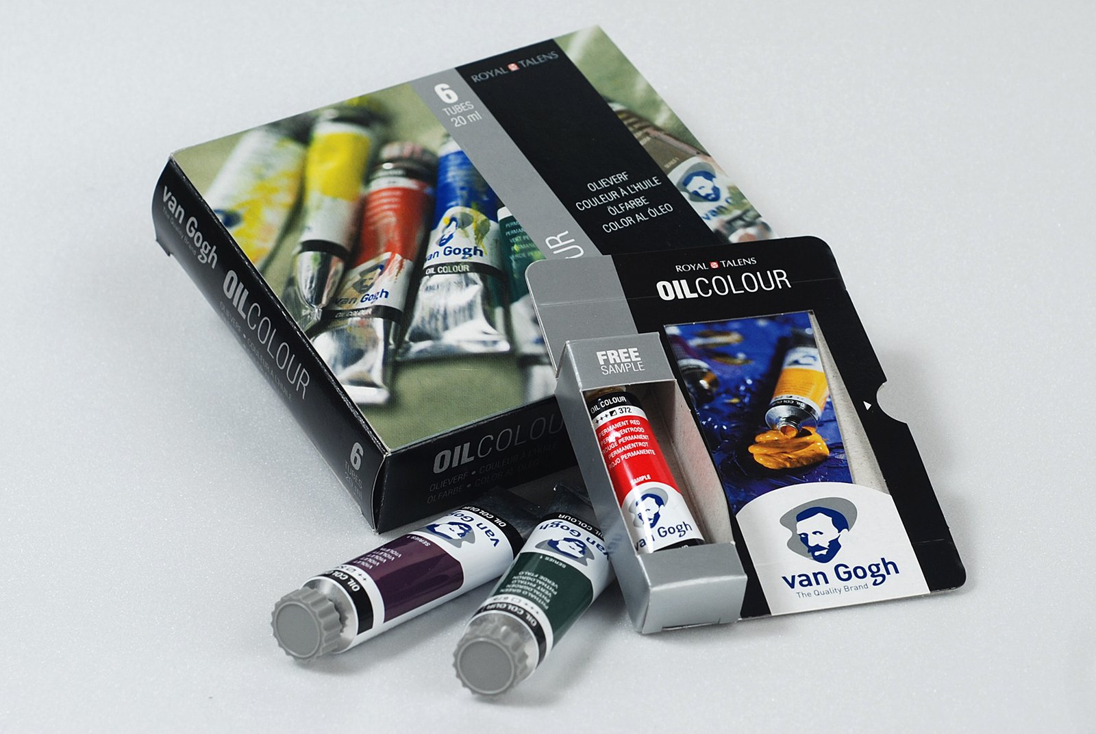 Van Gogh olieverfverpakking en samplepresentatie.