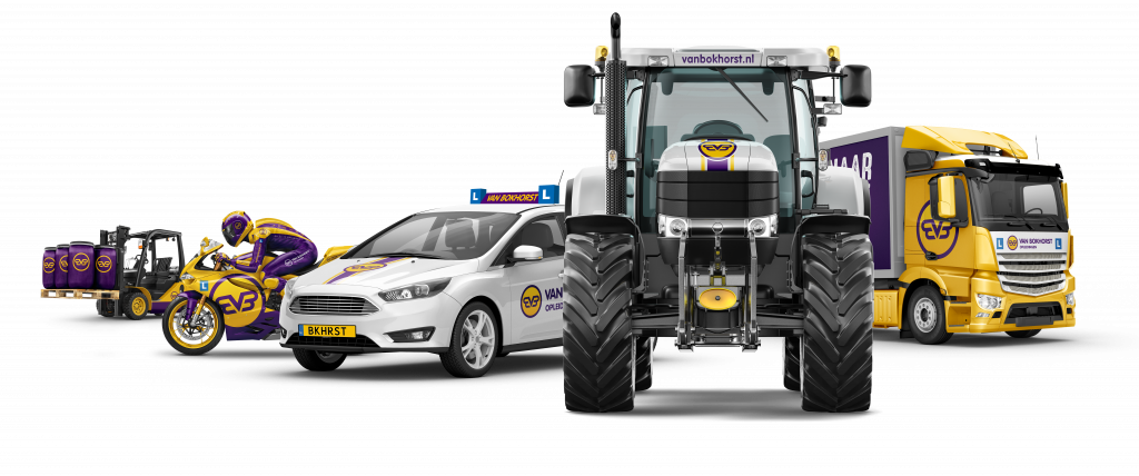 Het wagenpark van Van Bokhorst met auto, motor, tractor en vrachtwagen in de herkenbare geel-paarse merkuitstraling.