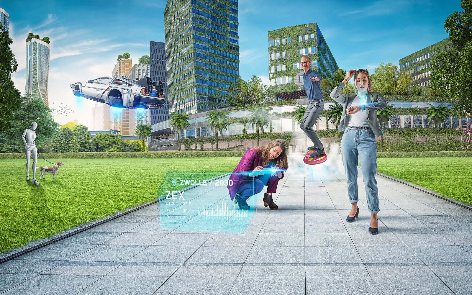 Toekomstgerichte campagnevisual met groene gebouwen, een vliegende auto en mensen in een futuristische stad.